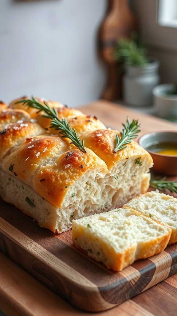 Golden brown herb focaccia bread cut into squares, garnished with rosemary and sea salt, on a wooden board with olive oil.